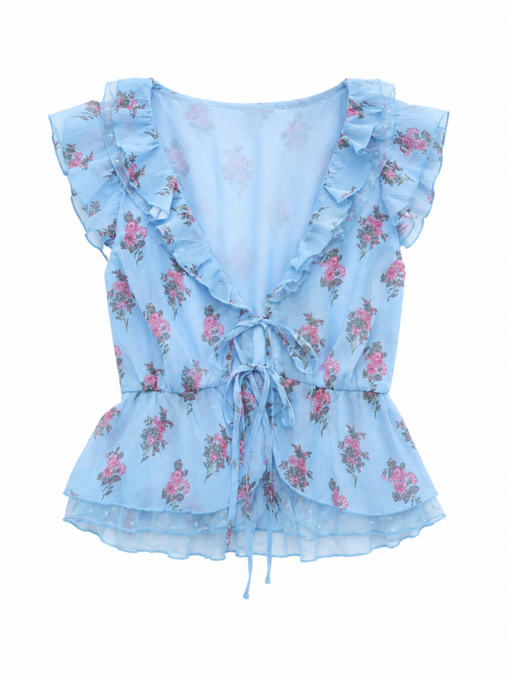 Light Blue Floral Ruffle Peplum Top