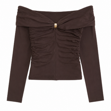 Dark Brown Off-the-Shoulder Ruched Long Sleeve Crop Top