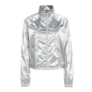 Metallic Silver Cropped Track Jacket with Perforated Side Panels