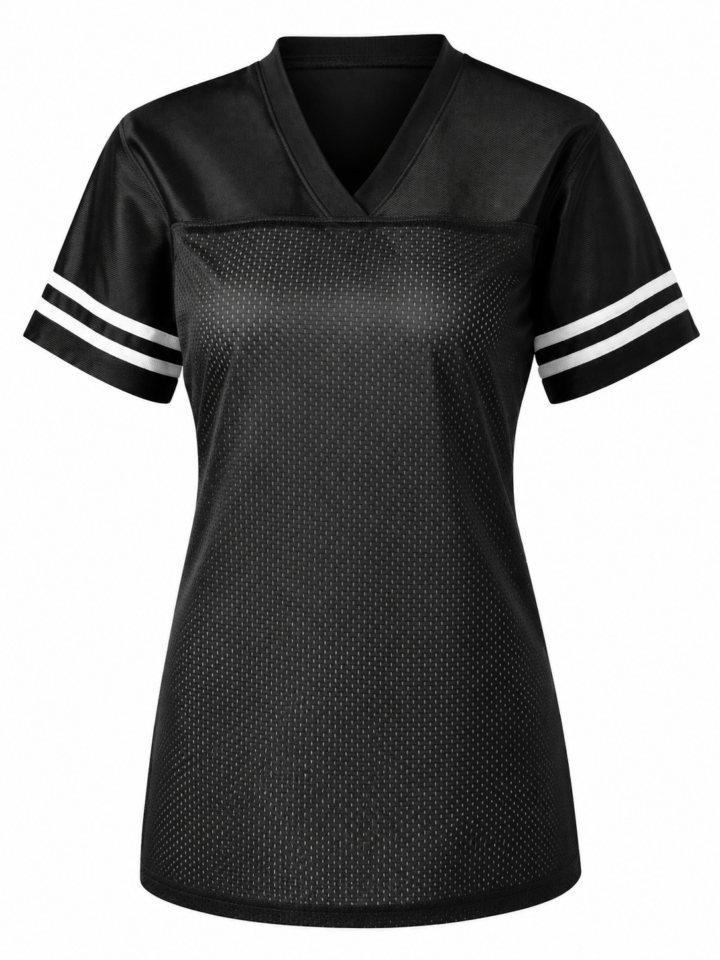 Black Mesh Athletic V-Neck T-Shirt with White Side Stripes