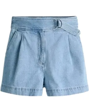 Light Blue Denim High-Waisted Pleated Shorts with Belt