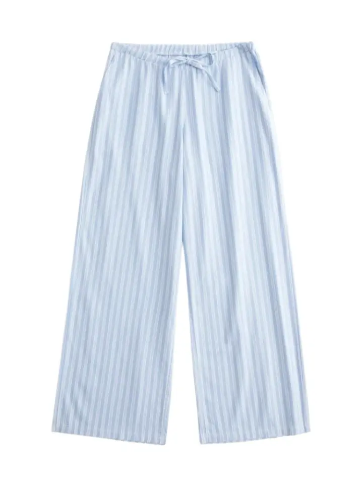 Light Blue and White Striped Wide Leg Drawstring Pants