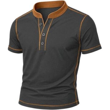 Charcoal Henley Polo Shirt with Tan Contrast Collar