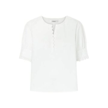 White Short Sleeve Button Placket Top with Textured Detail