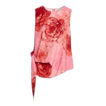 Pink Sleeveless Rose Print Top with Asymmetrical Hem