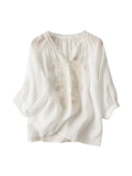 White Boho Blouse with Floral Lace Panels and 3/4 Sleeves