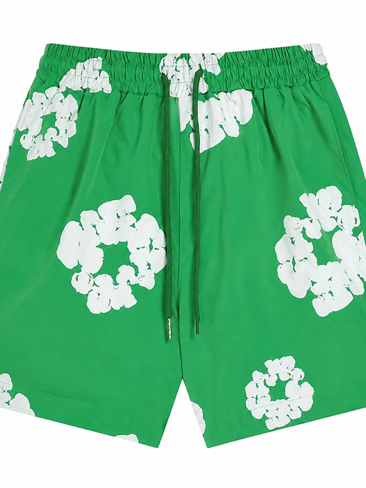 Green Floral Print Drawstring Shorts