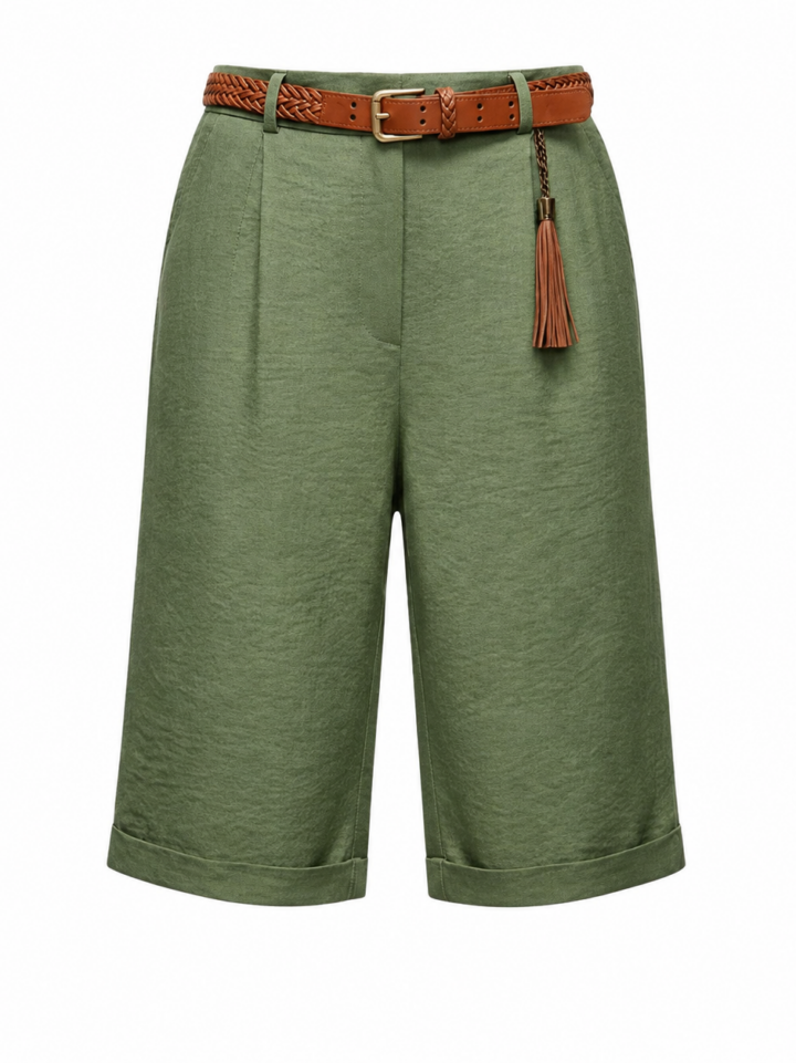 Olive Green Wide-Leg Cropped Culotte Pants with Belt