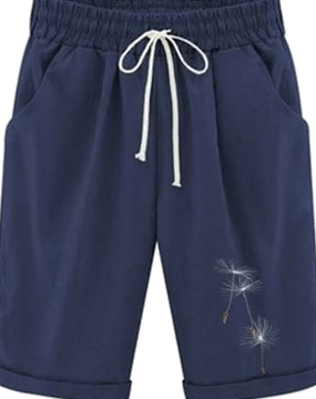 Navy Blue Drawstring Waist Shorts with Dandelion Embroidery